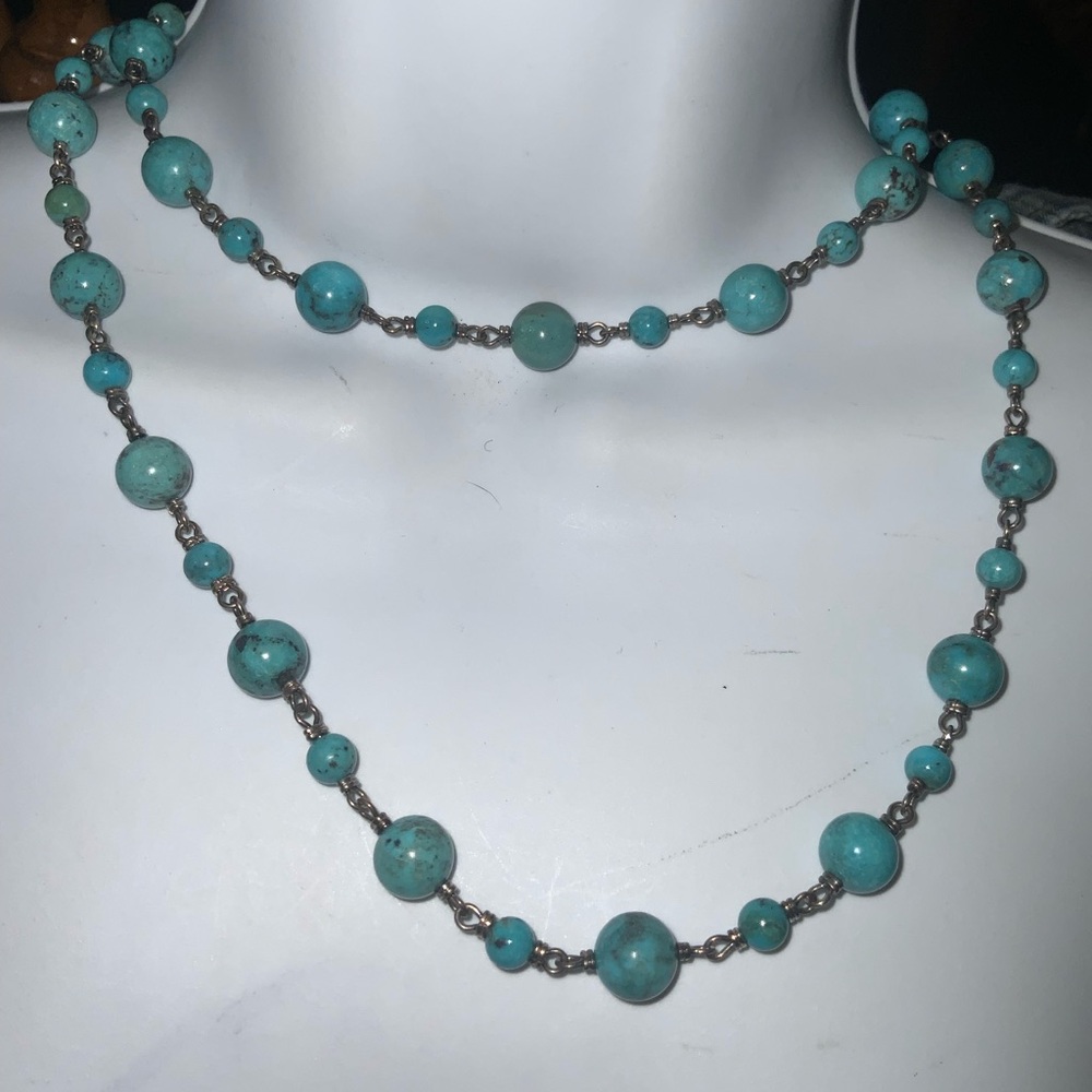 Vtg Wire-Wrapped 925 Flapper-Style Beaded Necklace w/ Authentic Turquoise Rounds